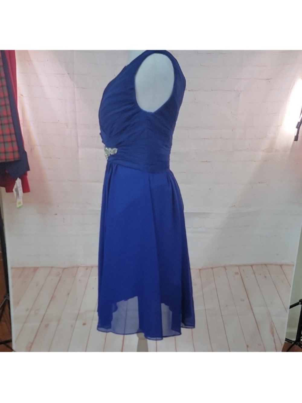 V-Neck Cobalt Blue Midi Dress with Beaded Waist Size 6 - Picture 4 of 5
